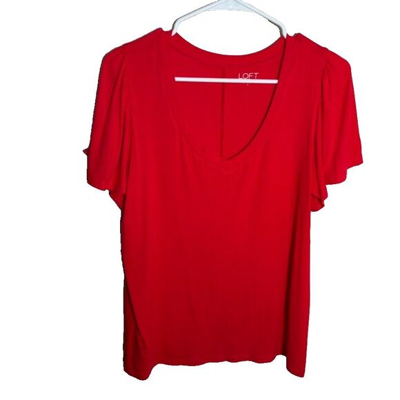 Loft T-Shirt Women's Small Red V-Neck Solid Short Sleeve Casual Shirt Top - Picture 1 of 8
